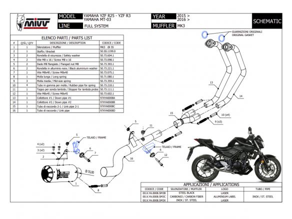 SYSTÈME COMPLET MIVV POWER STEEL MK3 ACIER NOIR YAMAHA MT-03 2016-2024