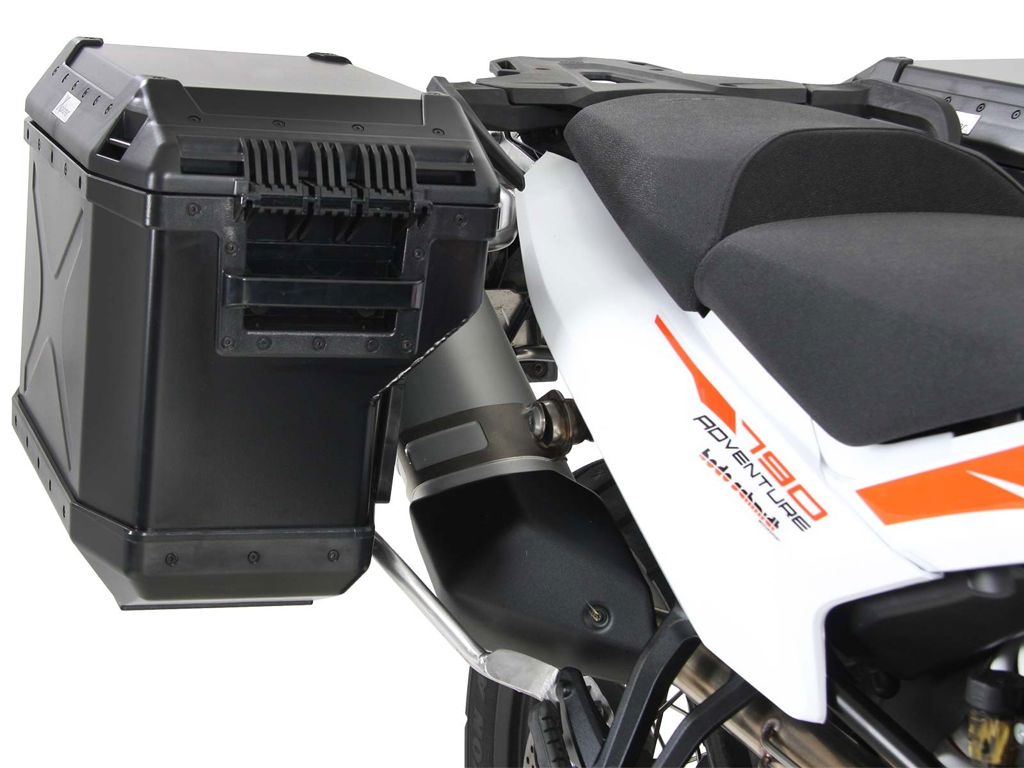 Ensemble de valises Hepco&amp;Becker 'Cutout' avec porte-bagages en acier inoxydable et valises Xplorer BLACK KTM 890 Adventure '21-